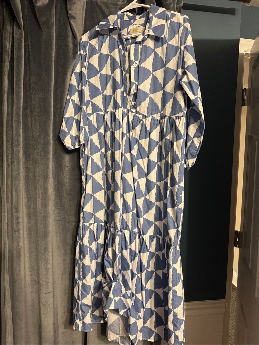 Maeve Blue and White Geometric Tiered Casual Dress